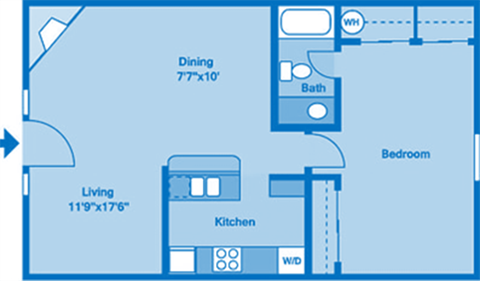 A floorplan showing one bedroom and one bath.